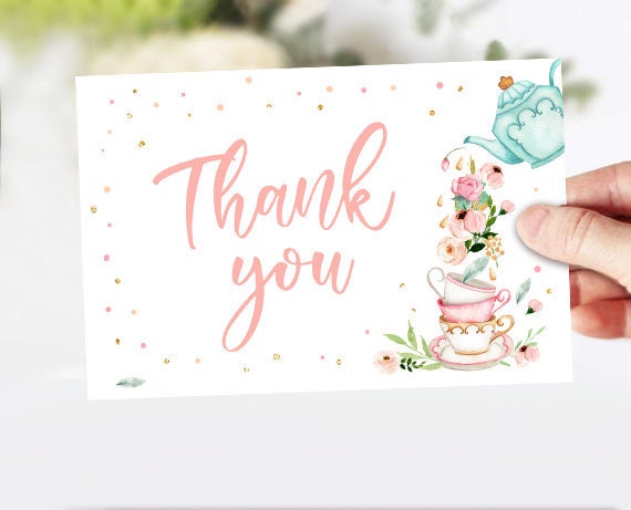 Tea Party Thank you Card Floral Tea Baby Shower Thank You Note 4x6&quot; Girl Pink Tea Birthday Tea for Two PRINTABLE Instant Download 0349