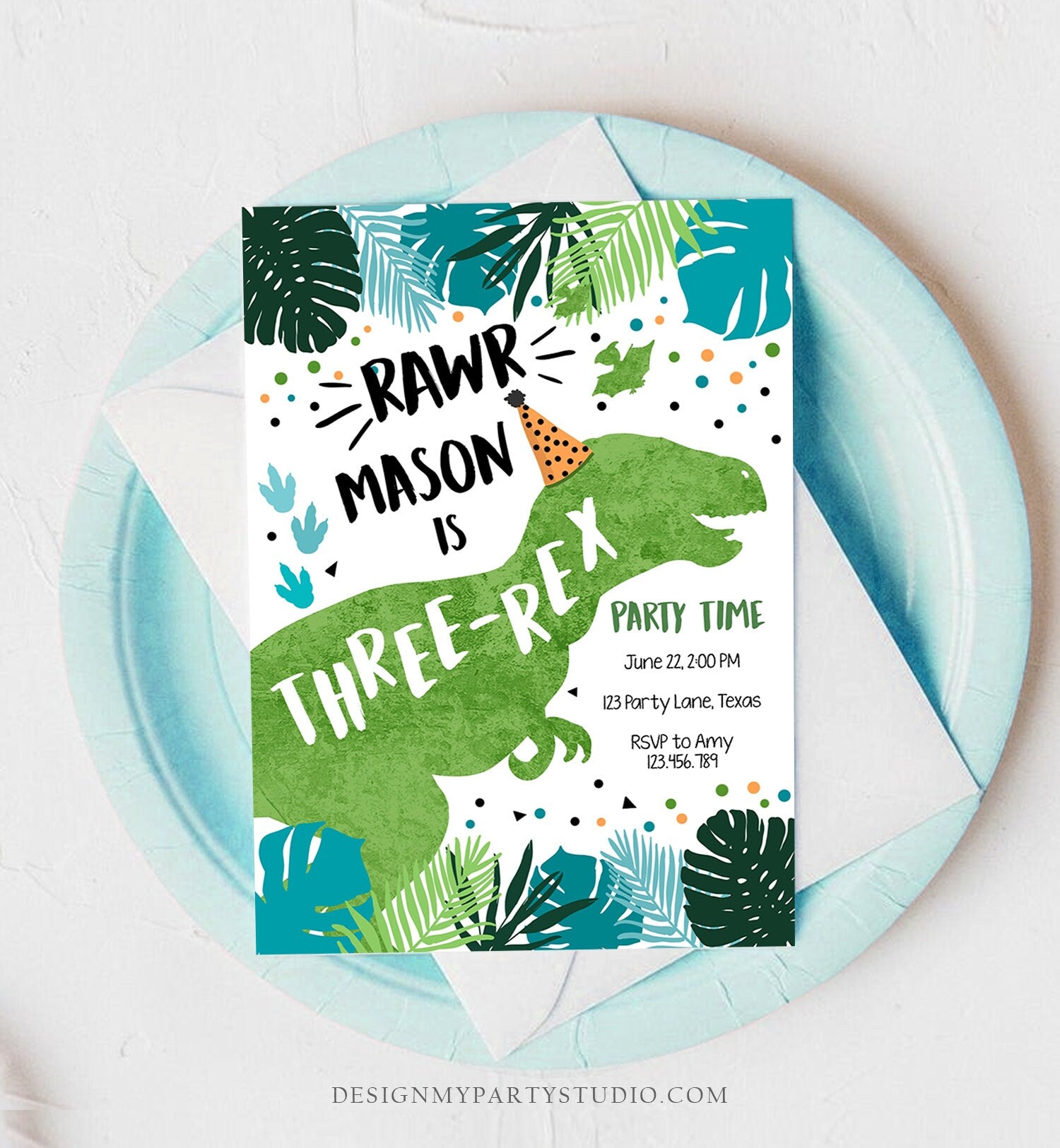 Editable Three-Rex Dinosaur Birthday Invitation Dino T-Rex Third Birthday 3rd Rawr Boy Green Blue Prehistoric Printable Corjl Template 0389