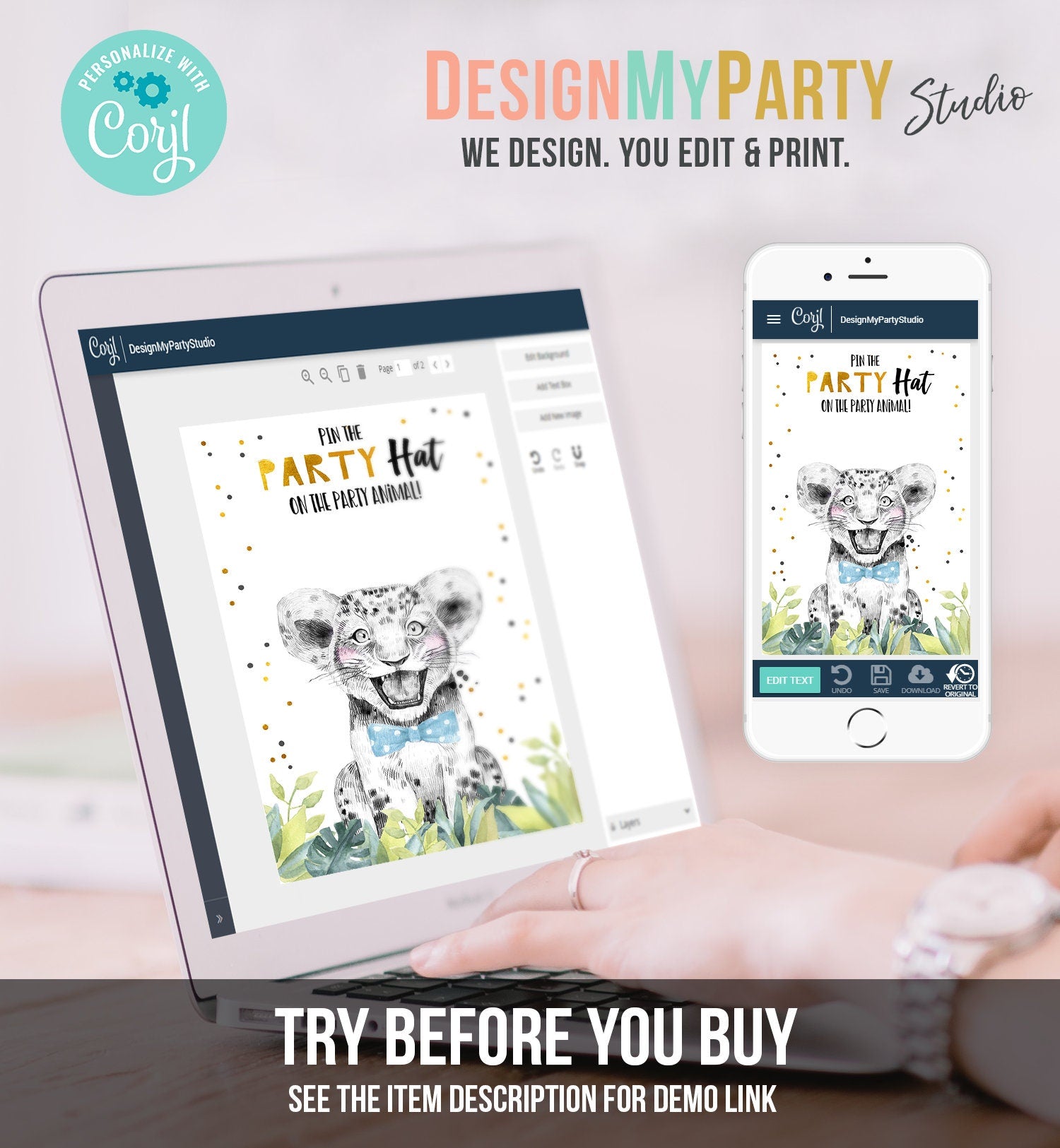 Editable Pin the Party Hat on the Party Animal Game Safari Party Animals Birthday Game Decor Instant Download Printable Digital Corjl 0322