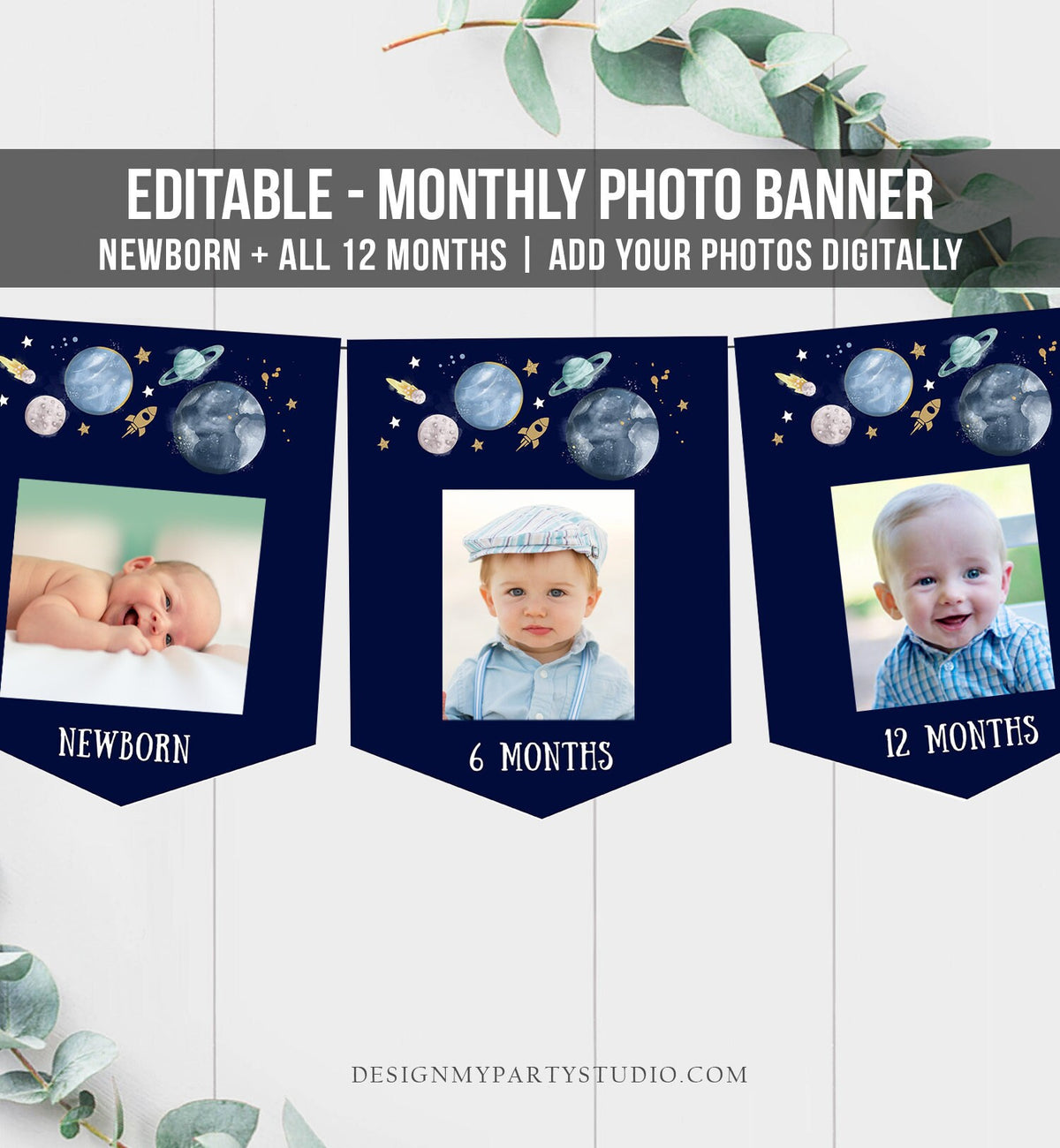 Editable Outer Space Birthday Banner Monthly Photo Banner First Trip Around the Sun Galaxy Digital Download Corjl Template Printable 0357