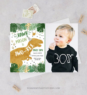 Editable Two-Rex Dinosaur Birthday Invitation Dino T-Rex Boy Second Birthday 2nd RAWR ROAR Green Gold Prehistoric Corjl Template 0146