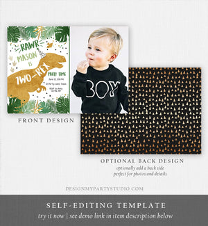 Editable Two-Rex Dinosaur Birthday Invitation Dino T-Rex Boy Second Birthday 2nd RAWR ROAR Green Gold Prehistoric Corjl Template 0146