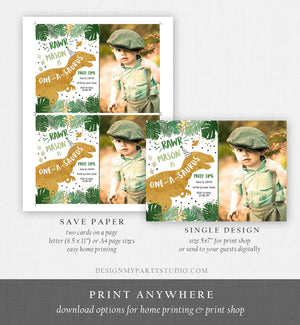 Editable One-A-Saurus Dinosaur Birthday Invitation Dino T-Rex Boy First Birthday 1st RAWR ROAR Green Gold Prehistoric Corjl Template 0146