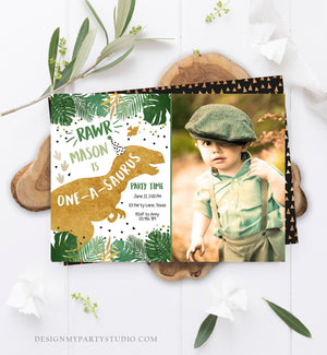 Editable One-A-Saurus Dinosaur Birthday Invitation Dino T-Rex Boy First Birthday 1st RAWR ROAR Green Gold Prehistoric Corjl Template 0146