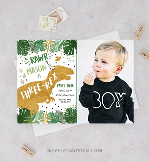 Editable Three-Rex Dinosaur Birthday Invitation Dino T-Rex Third Birthday 3rd Rawr Boy Green Gold Prehistoric Printable Corjl Template 0146