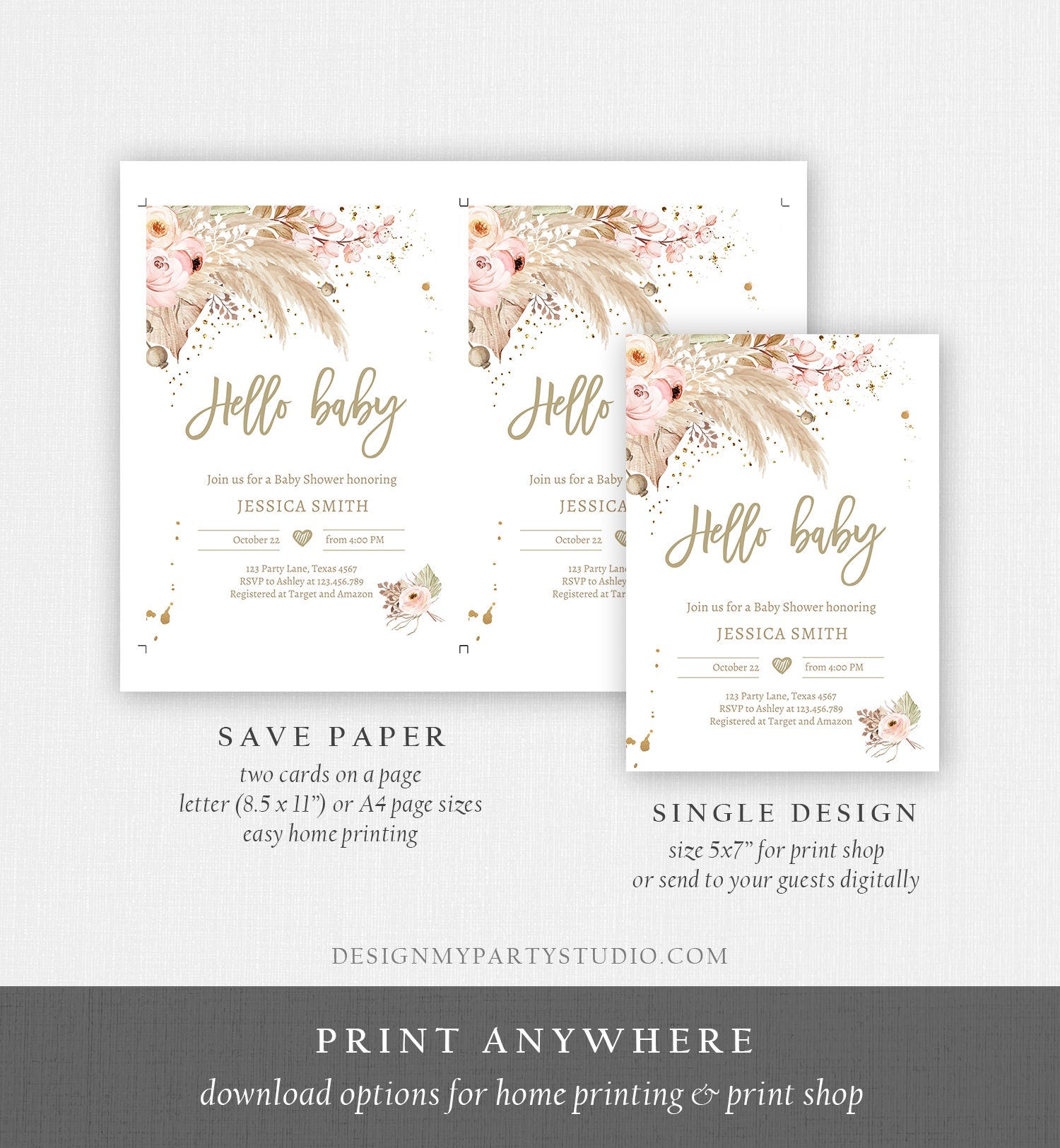 Editable Pampas Grass Baby Shower Invitation Boho Baby Shower Bohemian Shower Tropical Download Printable Invitation Template Corjl 0395