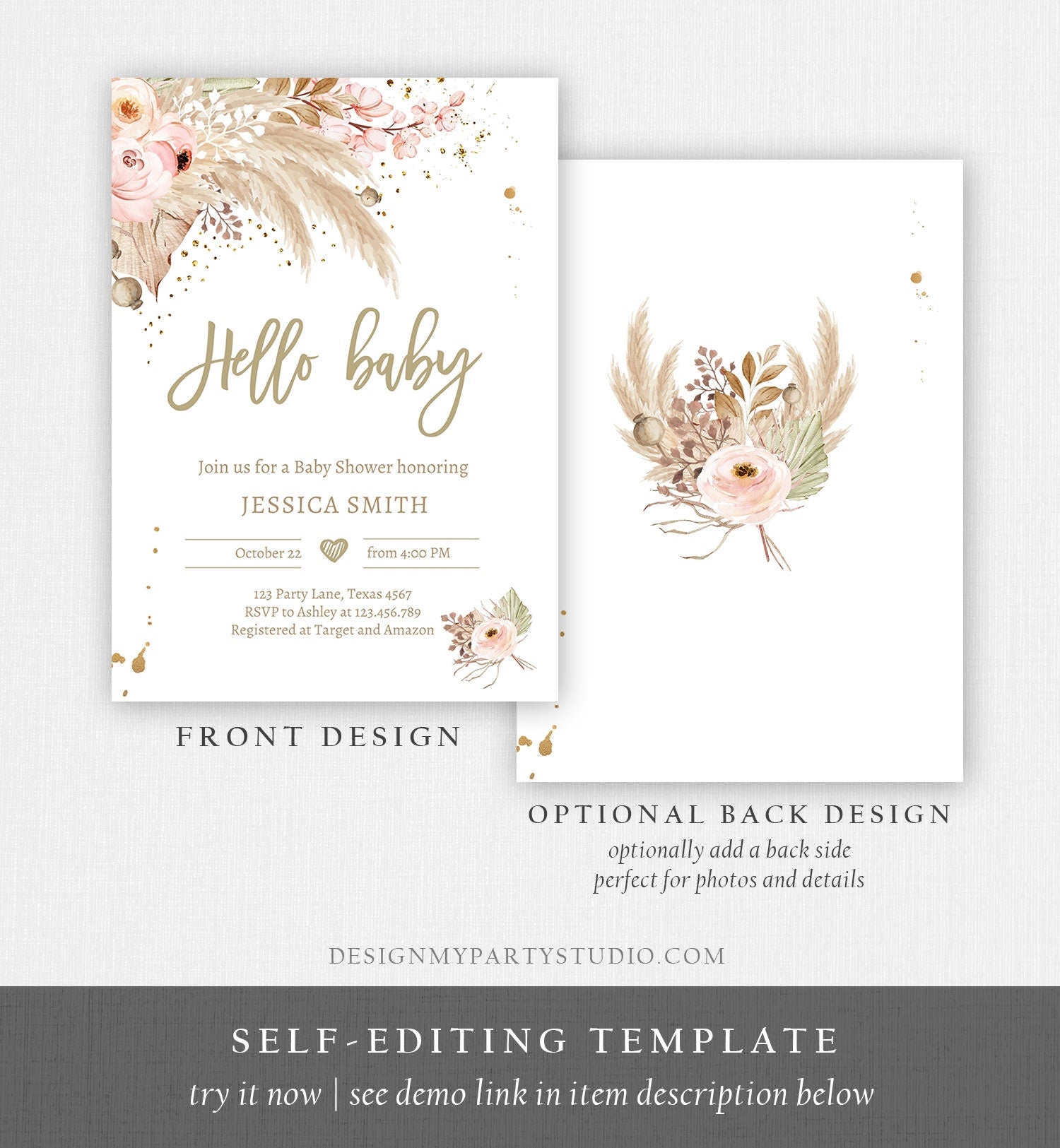 Editable Pampas Grass Baby Shower Invitation Boho Baby Shower Bohemian Shower Tropical Download Printable Invitation Template Corjl 0395