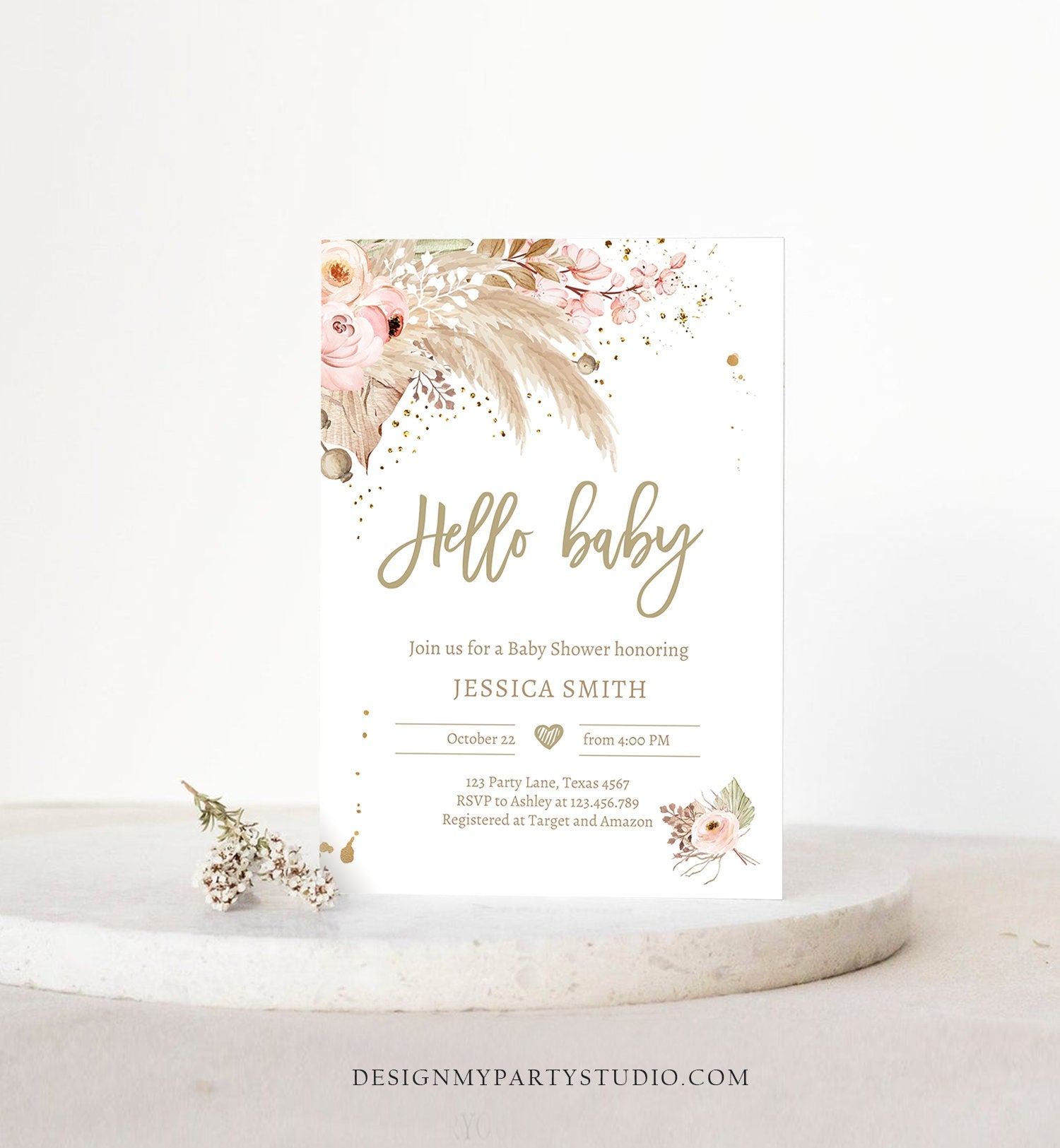 Editable Pampas Grass Baby Shower Invitation Boho Baby Shower Bohemian Shower Tropical Download Printable Invitation Template Corjl 0395