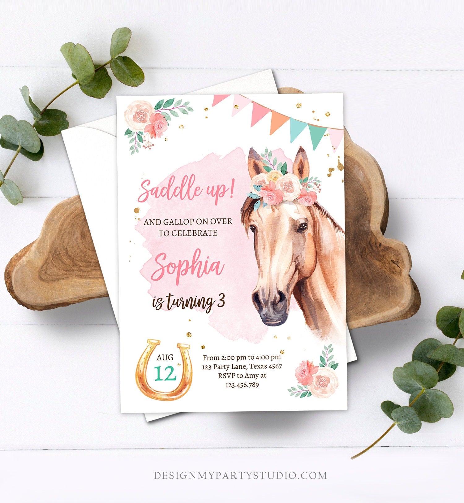 Editable Horse Birthday Invitation Girl Saddle Up Watercolor Cowgirl Party Horse Pony Pink Digital Download Evite Template Printable 0398