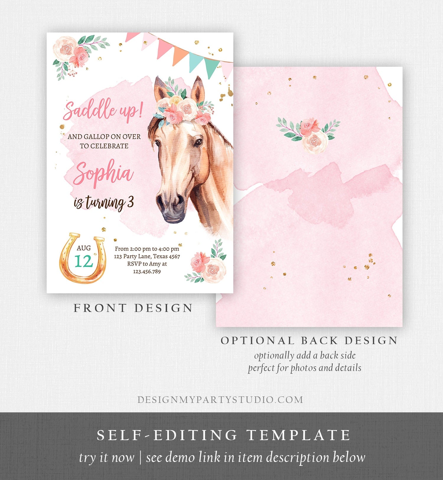 Editable Horse Birthday Invitation Girl Saddle Up Watercolor Cowgirl Party Horse Pony Pink Digital Download Evite Template Printable 0398