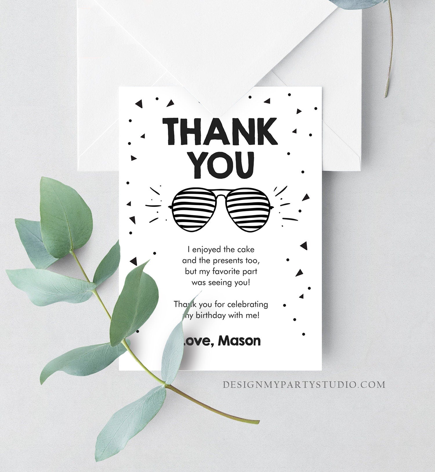 Editable Thank You Card Two Cool Birthday Boy Sunglasses Palm Second Birthday Party Note 2nd White Download Corjl Template Printable 0136