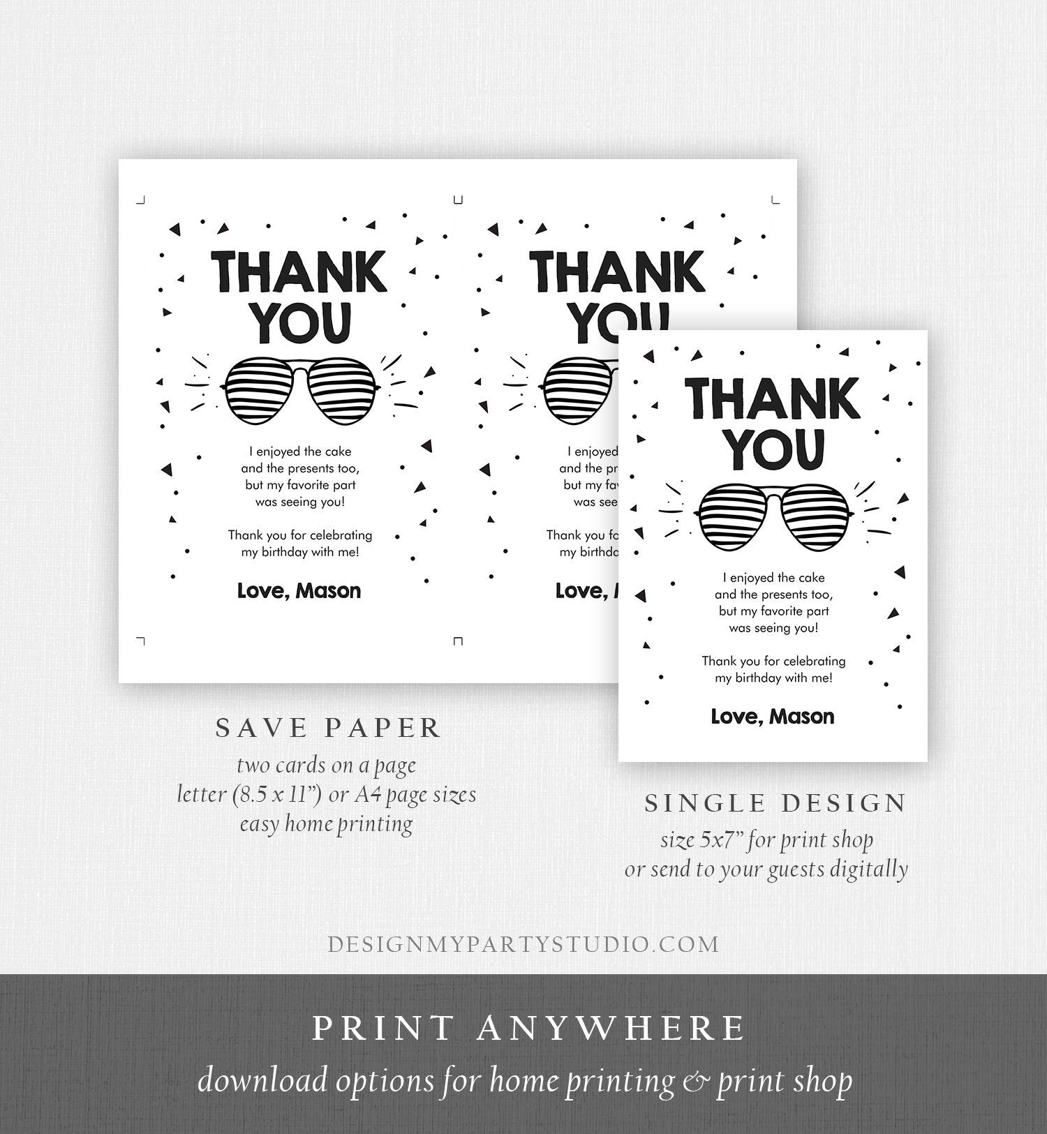 Editable Thank You Card Two Cool Birthday Boy Sunglasses Palm Second Birthday Party Note 2nd White Download Corjl Template Printable 0136