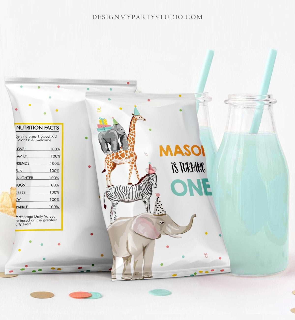 Editable Party Animals Birthday Chip Bag First Birthday Decor Boy Zoo Safari Animals Snack Favors Wild One Blue Digital Corjl Template 0142