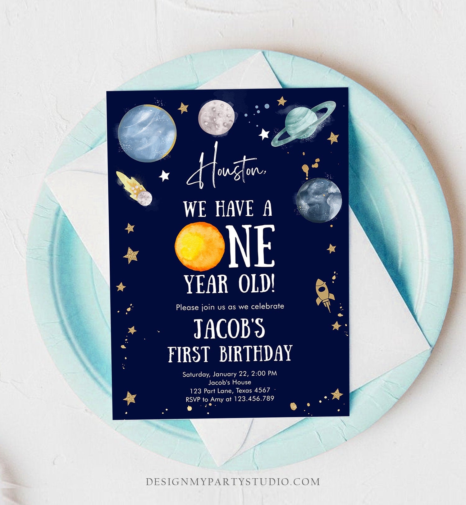 Editable Outer Space First Birthday Invitation Galaxy Houston First Trip Around the Sun One Digital Download Evite Template Printable 0357