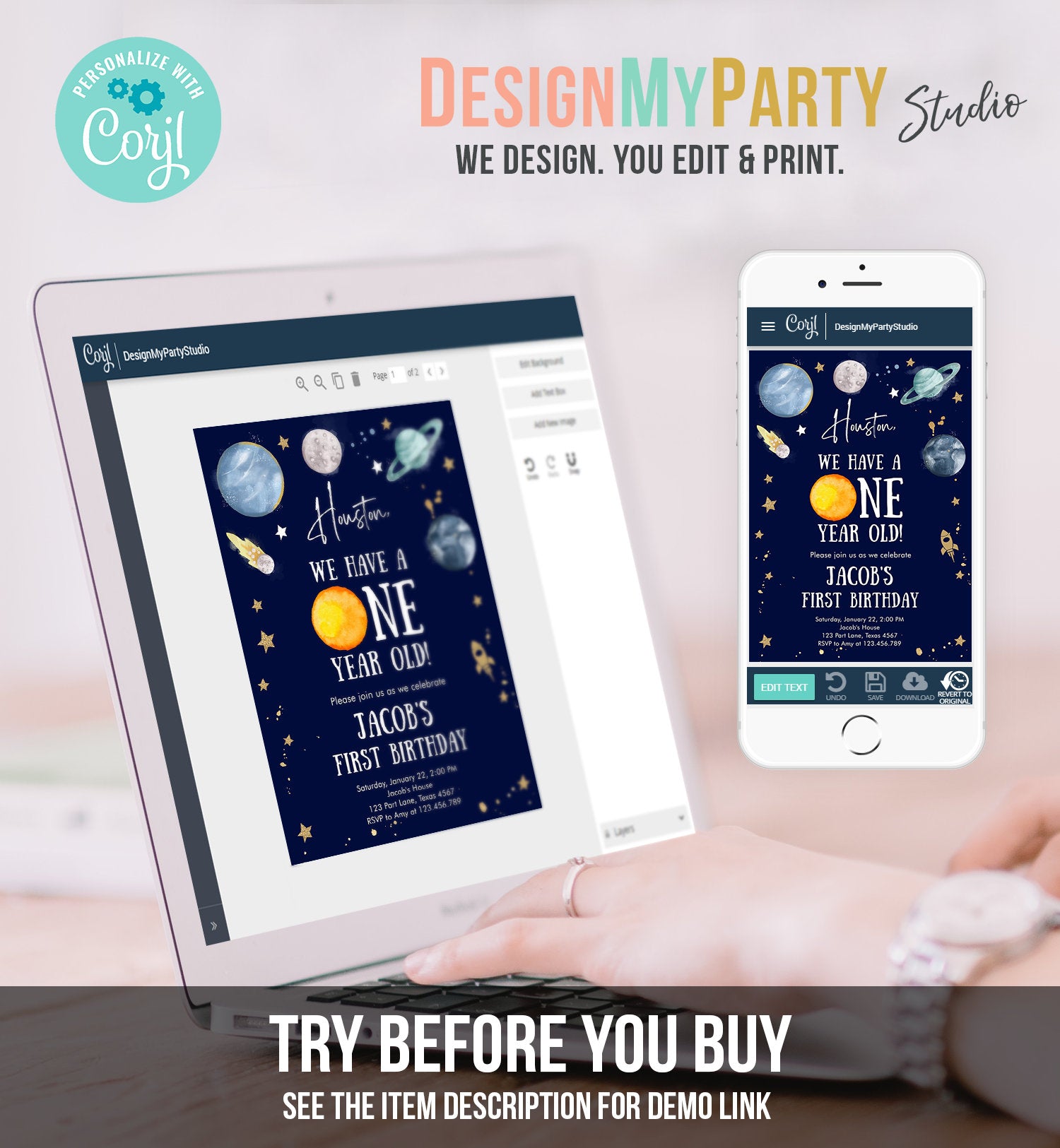 Editable Outer Space First Birthday Invitation Galaxy Houston First Trip Around the Sun One Digital Download Evite Template Printable 0357