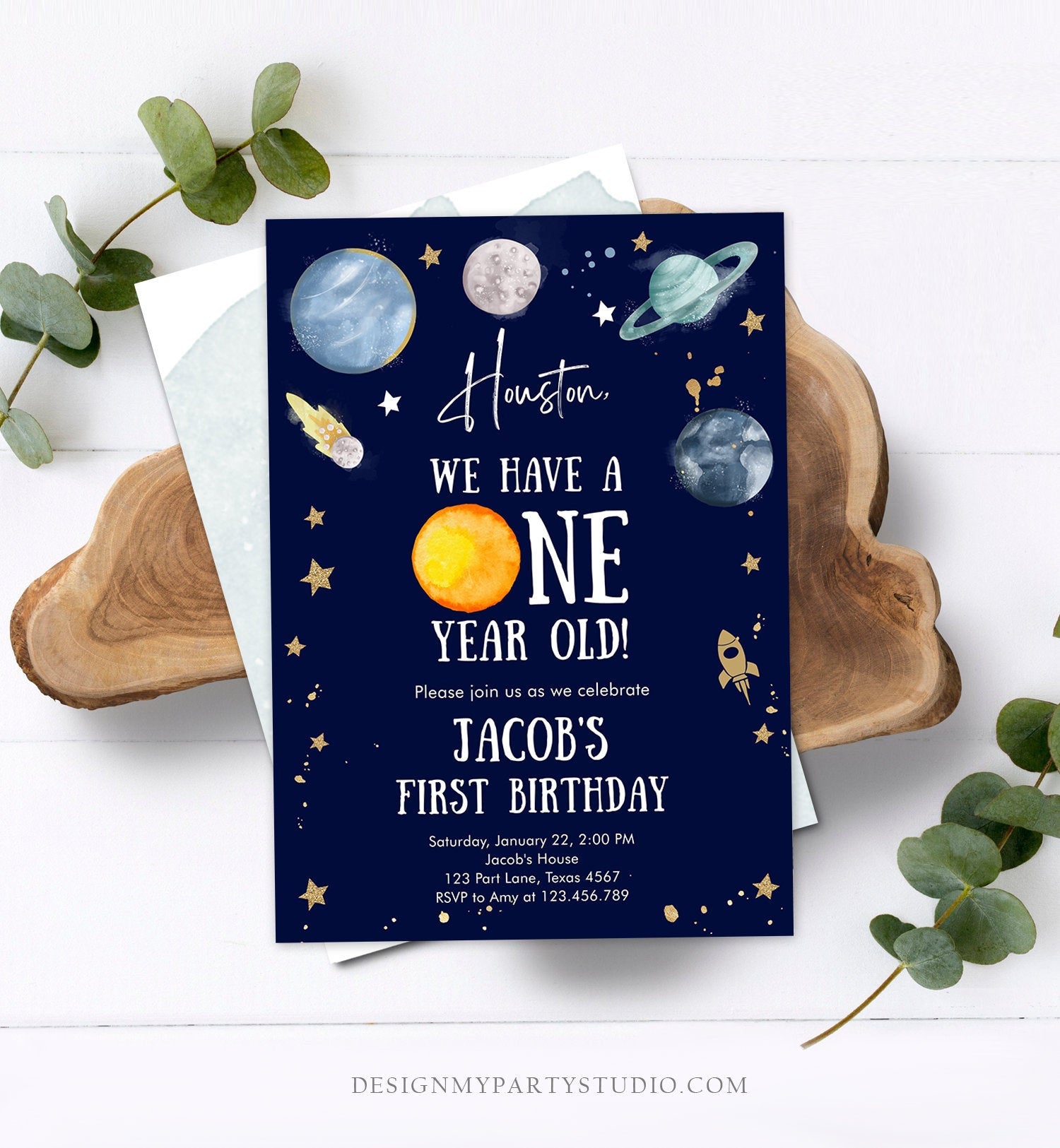 Editable Outer Space First Birthday Invitation Galaxy Houston First Trip Around the Sun One Digital Download Evite Template Printable 0357