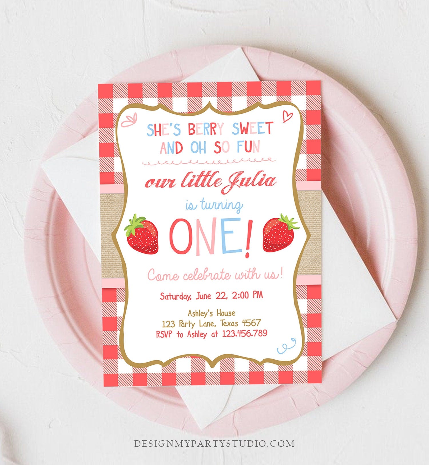 Editable Strawberry Birthday Invitation First Birthday Farmers Market Girl Pink Blue Download Printable ANY AGE Template Corjl Digital 0091