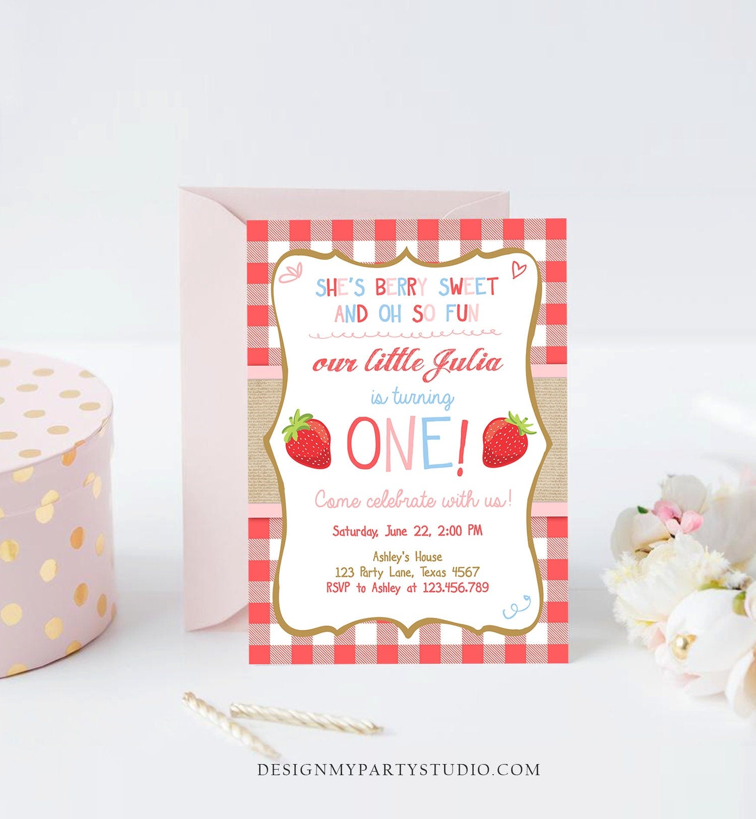 Editable Strawberry Birthday Invitation First Birthday Farmers Market Girl Pink Blue Download Printable ANY AGE Template Corjl Digital 0091