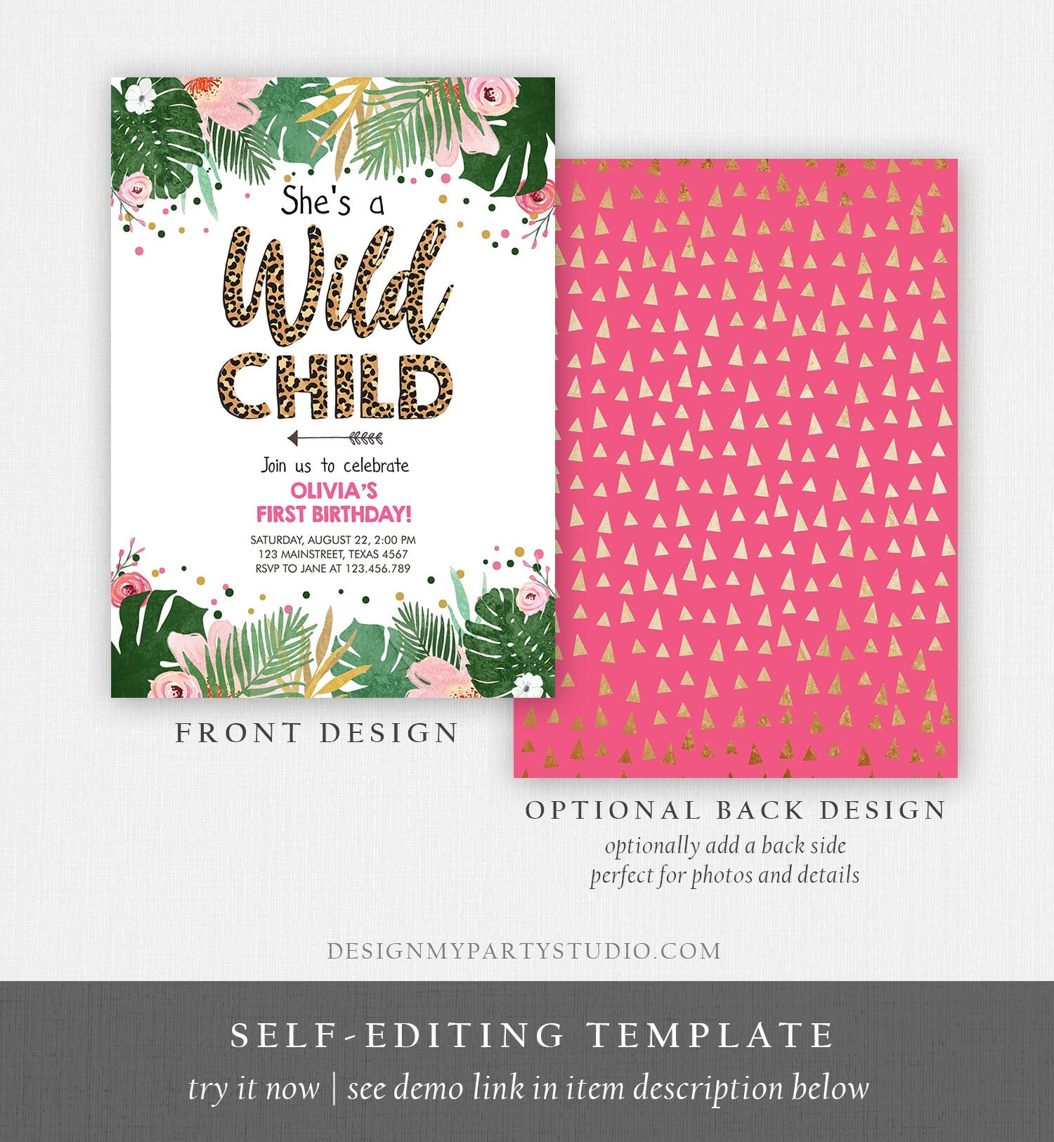 Editable Wild Child Birthday Invitation Girl Tropical Safari Pink Leopard Jungle Wild One Two Wild Digital Download Template Printable 0332