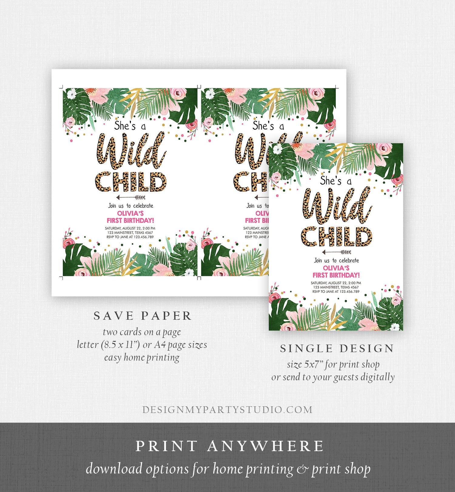 Editable Wild Child Birthday Invitation Girl Tropical Safari Pink Leopard Jungle Wild One Two Wild Digital Download Template Printable 0332