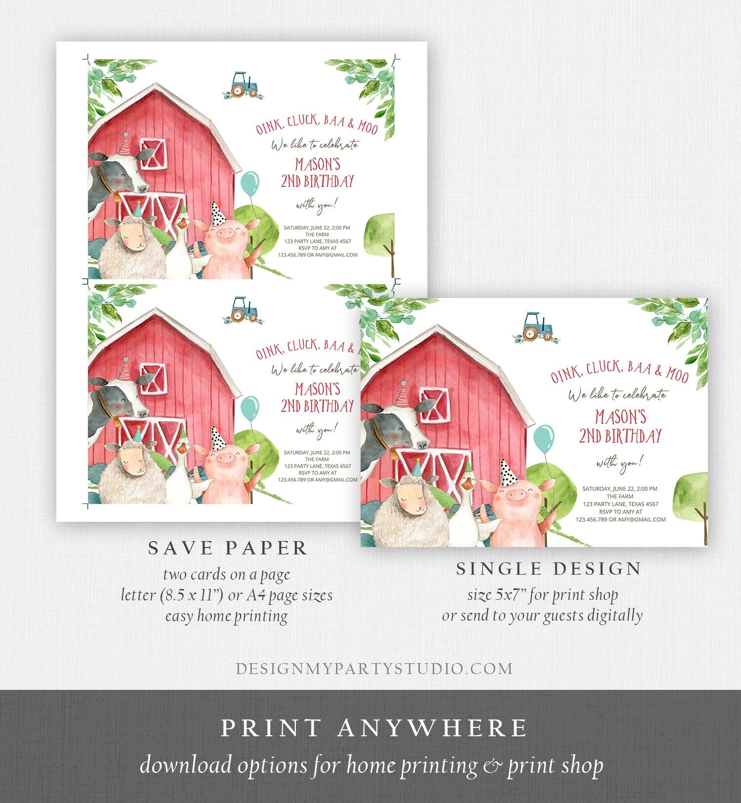 Editable Farm Animals Birthday Invitation Boy Party Animals Boy Red Barn Barnyard Birthday Digital Download Evite Template Printable 0155