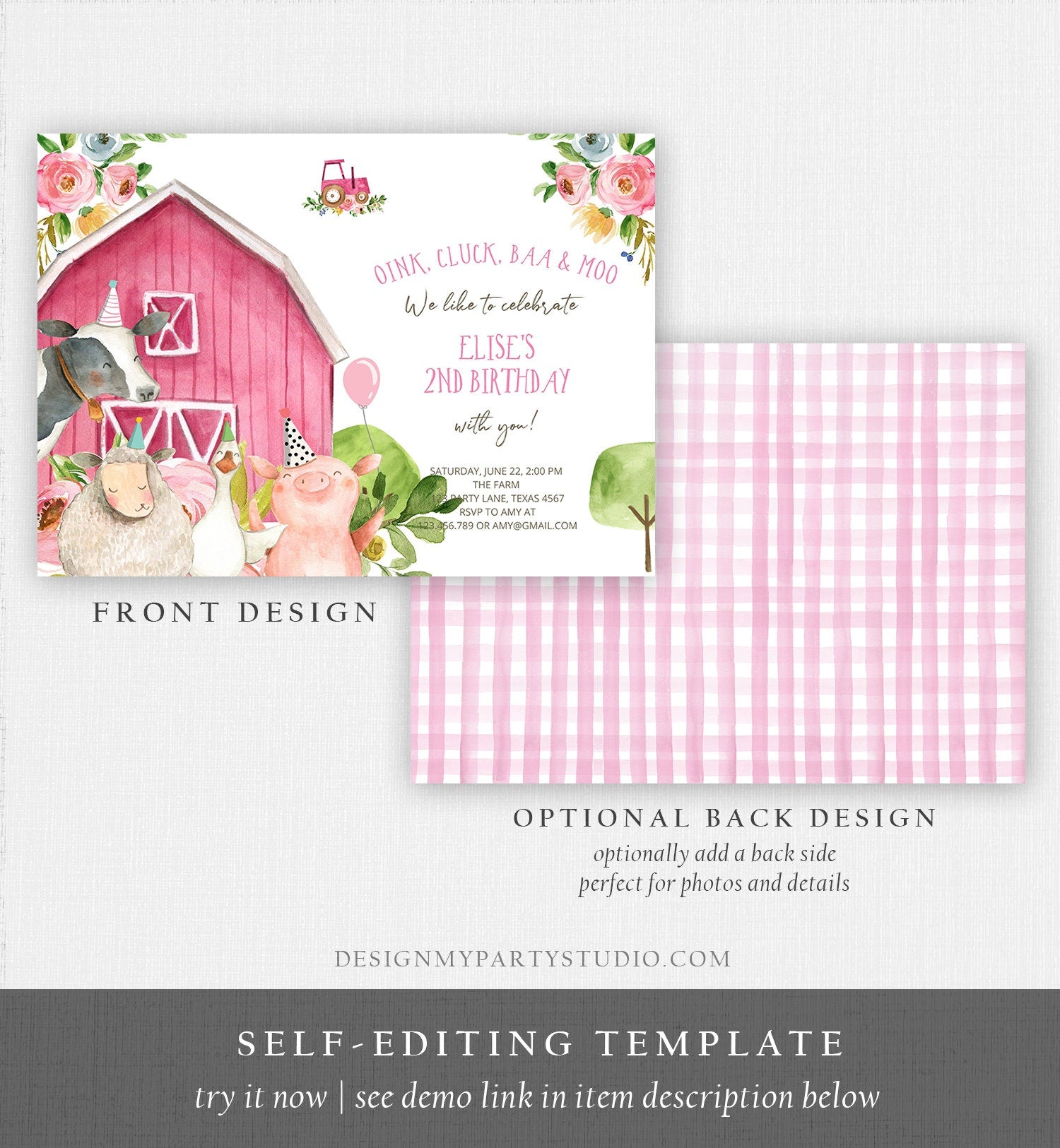 Editable Farm Birthday Invitation Girl Farm Animals Pink Floral Barnyard Party Download Printable Invitation Template Digital Corjl 0155