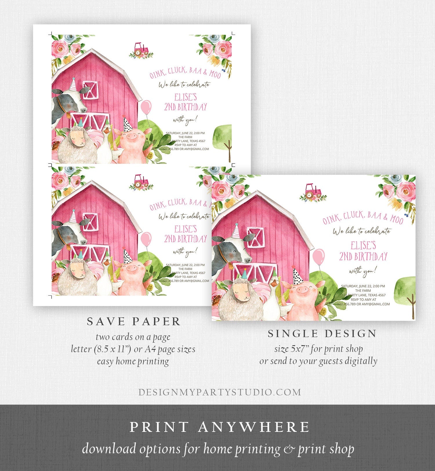 Editable Farm Birthday Invitation Girl Farm Animals Pink Floral Barnyard Party Download Printable Invitation Template Digital Corjl 0155