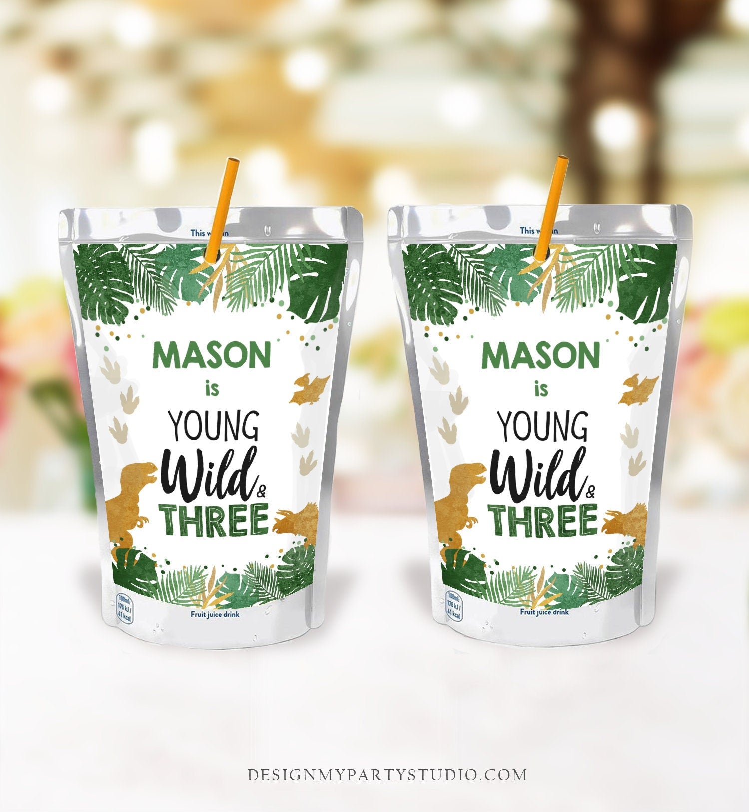 Editable Dinosaur Juice Pouch Label Juice Favors Gold Dino Boy Birthday T-Rex Young Wild Three Digital Download Template Printable 0146