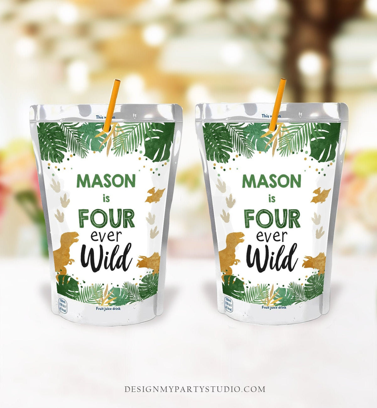 Editable Dinosaur Juice Pouch Label Juice Favors Gold Dino Boy Birthday T-Rex Four Ever Wild Digital Download Template Printable 0146