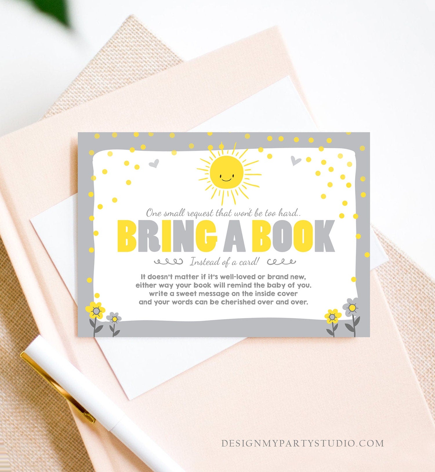 Editable Little Sunshine Bring a Book Card Baby Shower A Ray Of Sunshine Book Request Gender Neutral Grey Corjl Template Printable 0070