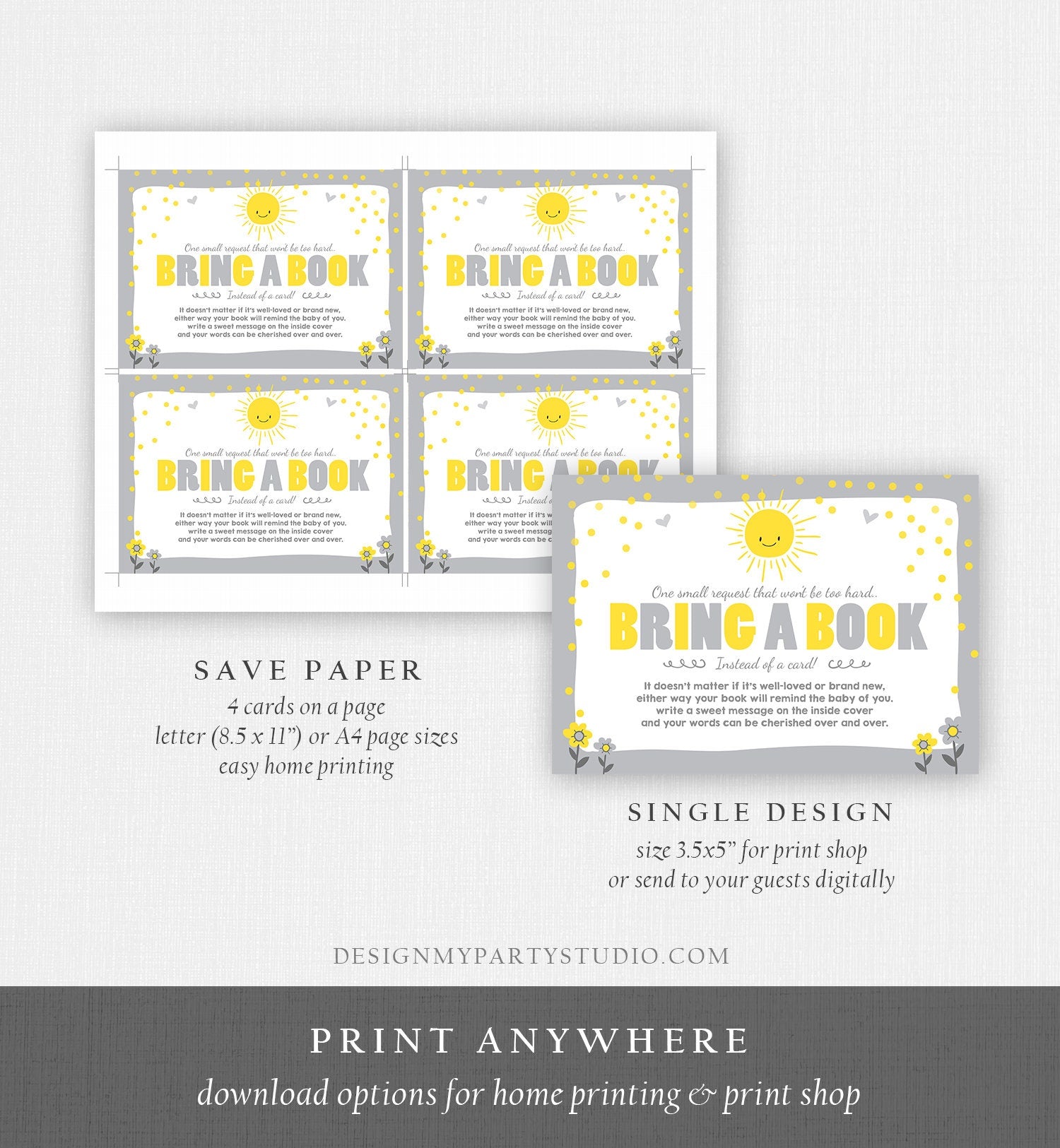 Editable Little Sunshine Bring a Book Card Baby Shower A Ray Of Sunshine Book Request Gender Neutral Grey Corjl Template Printable 0070