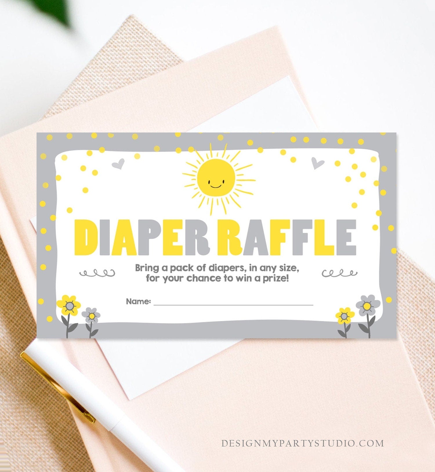 Editable Little Sunshine Diaper Raffle Ticket Ray of Sunshine Baby Shower Grey Gender Neutral Ticket Download Corjl Template Printable 0070