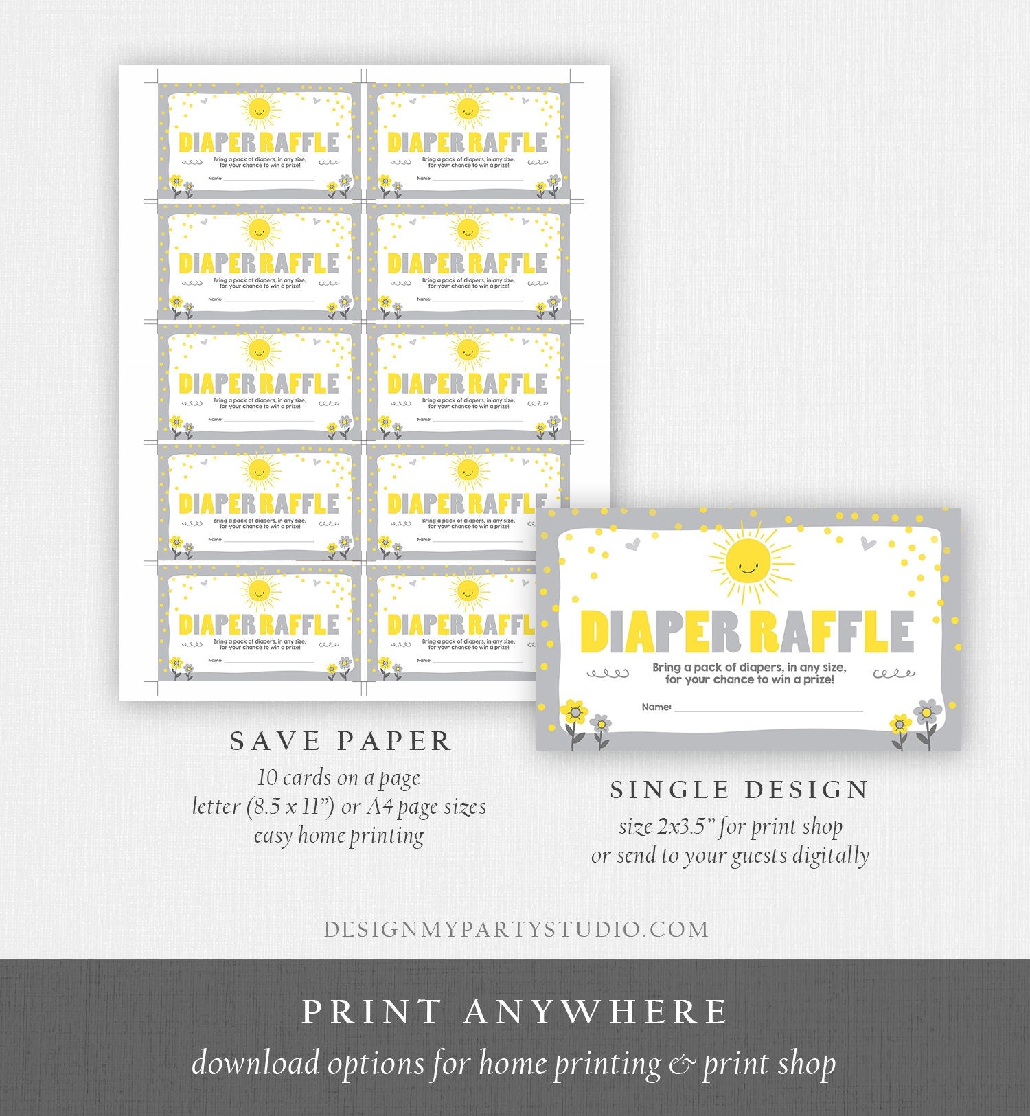 Editable Little Sunshine Diaper Raffle Ticket Ray of Sunshine Baby Shower Grey Gender Neutral Ticket Download Corjl Template Printable 0070