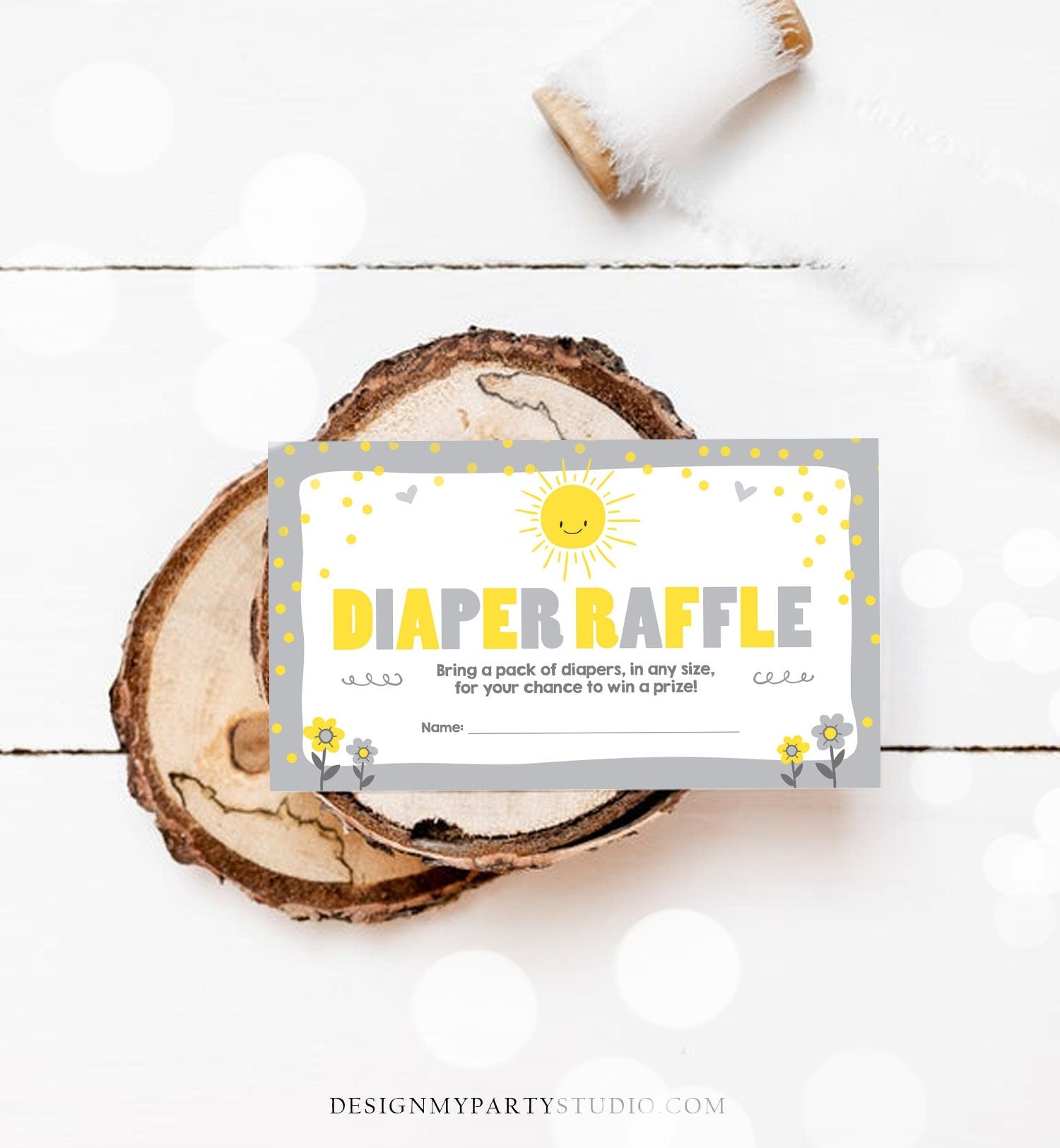 Editable Little Sunshine Diaper Raffle Ticket Ray of Sunshine Baby Shower Grey Gender Neutral Ticket Download Corjl Template Printable 0070