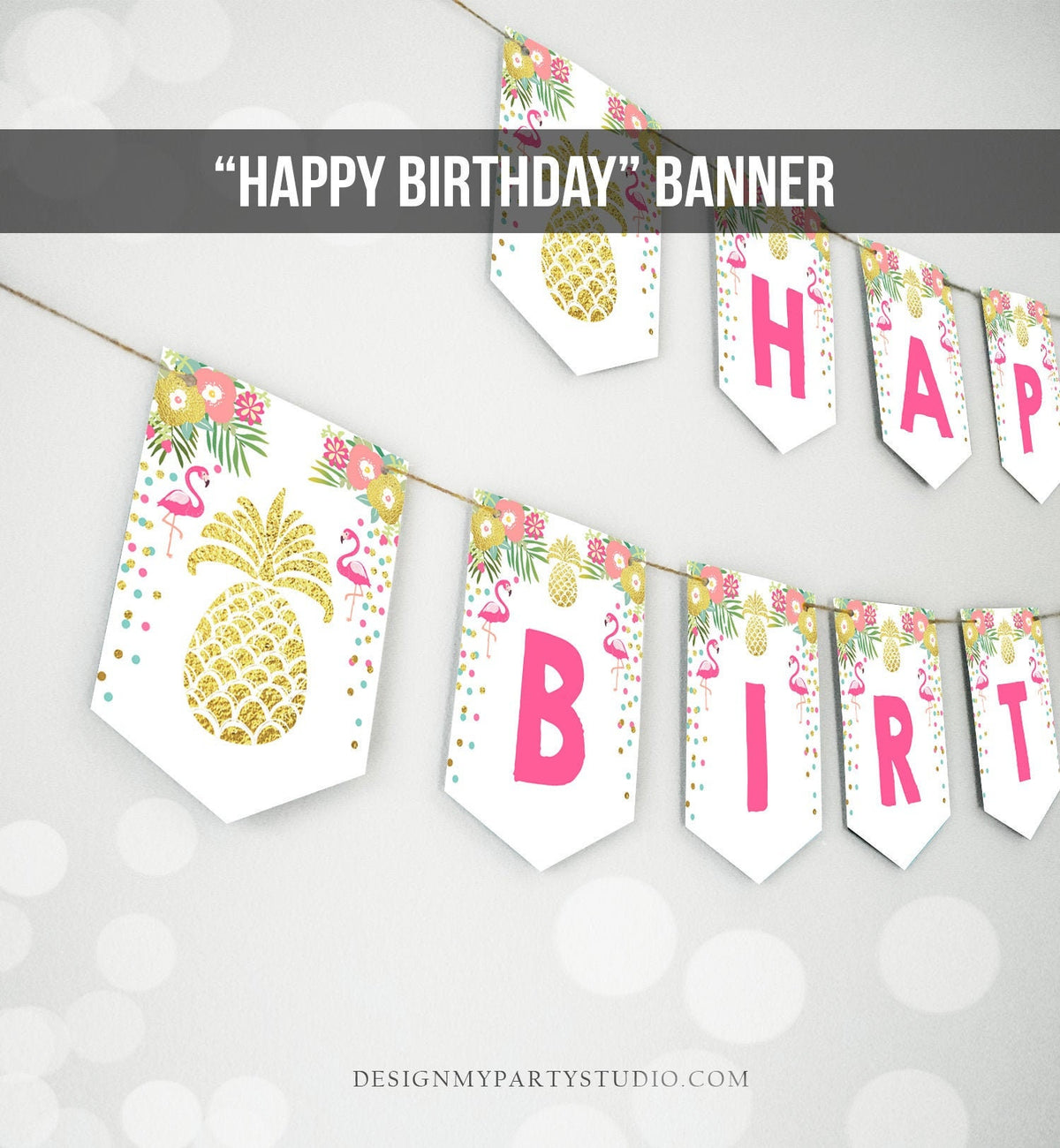 Aloha Happy Birthday Banner Tropical Flamingo Pineapple Gold Pink Confetti Luau Party Hawaiian Leaves Instant Download Printable 0200