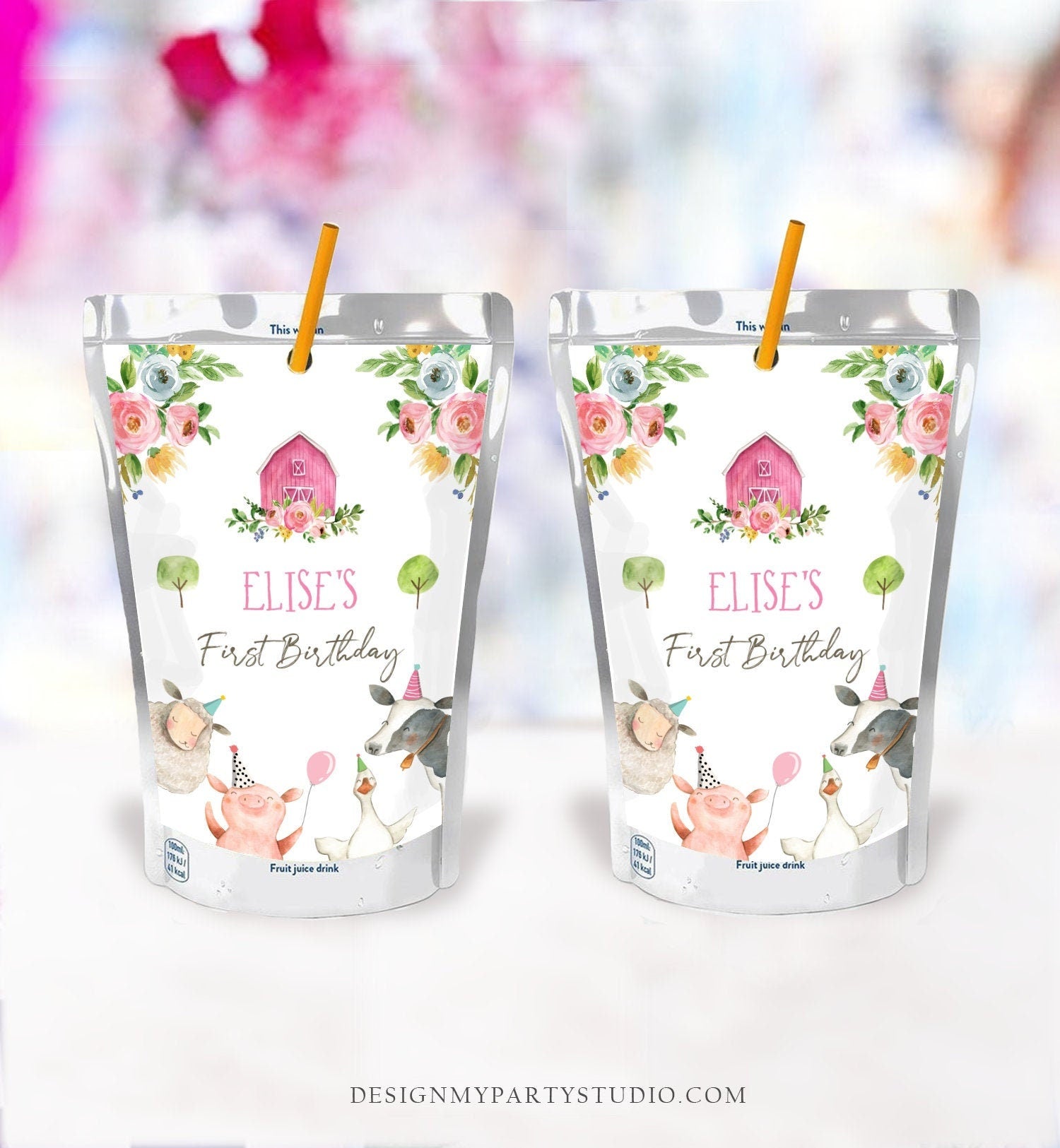 Editable Farm Birthday Juice Pouch Labels Farm Animals Birthday Barnyard Party Girl Pink Farm Download Digital Template Printable 0155