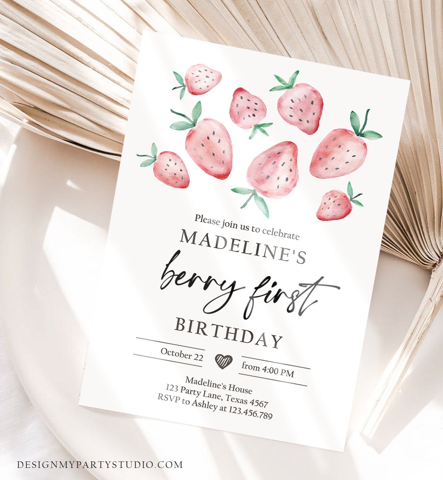 Editable Strawberry Birthday Invitation First Birthday Berry Sweet Girl Cute Strawberries 1st Download Printable Template Corjl Digital 0399