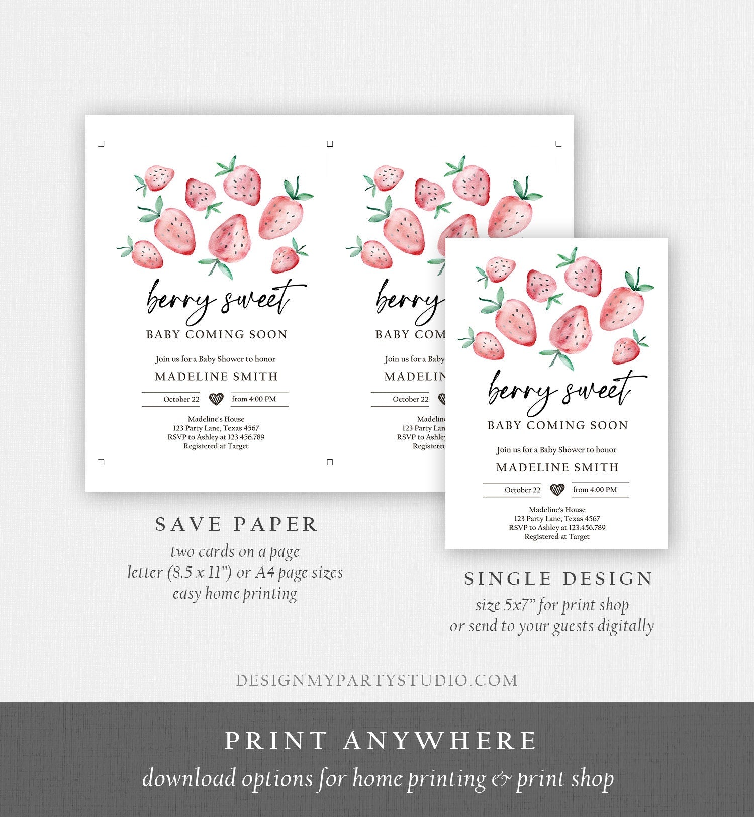 Editable Strawberry Baby Shower Invitation Cute Berry Sweet Baby Girl Strawberries Summer Digital Download Evite Template Printable 0399