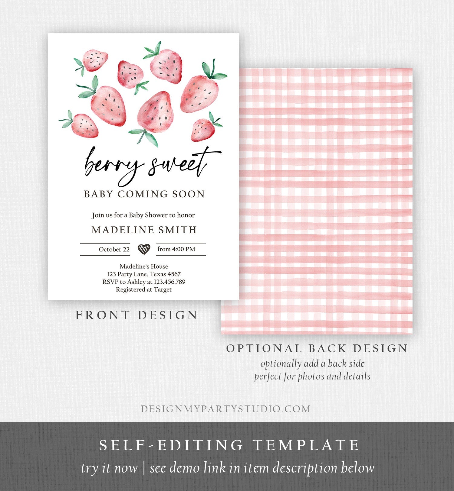 Editable Strawberry Baby Shower Invitation Cute Berry Sweet Baby Girl Strawberries Summer Digital Download Evite Template Printable 0399