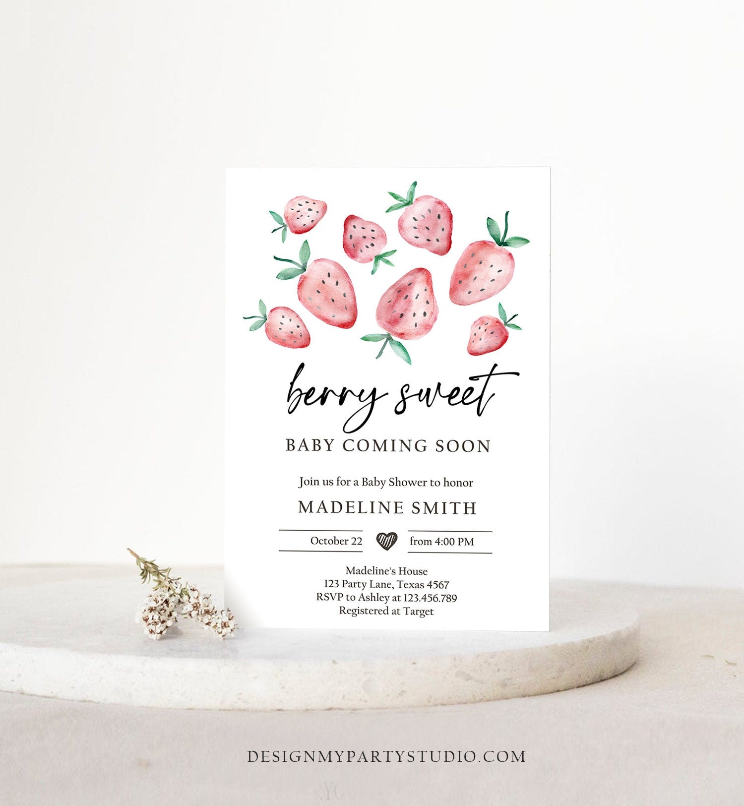 Editable Strawberry Baby Shower Invitation Cute Berry Sweet Baby Girl Strawberries Summer Digital Download Evite Template Printable 0399