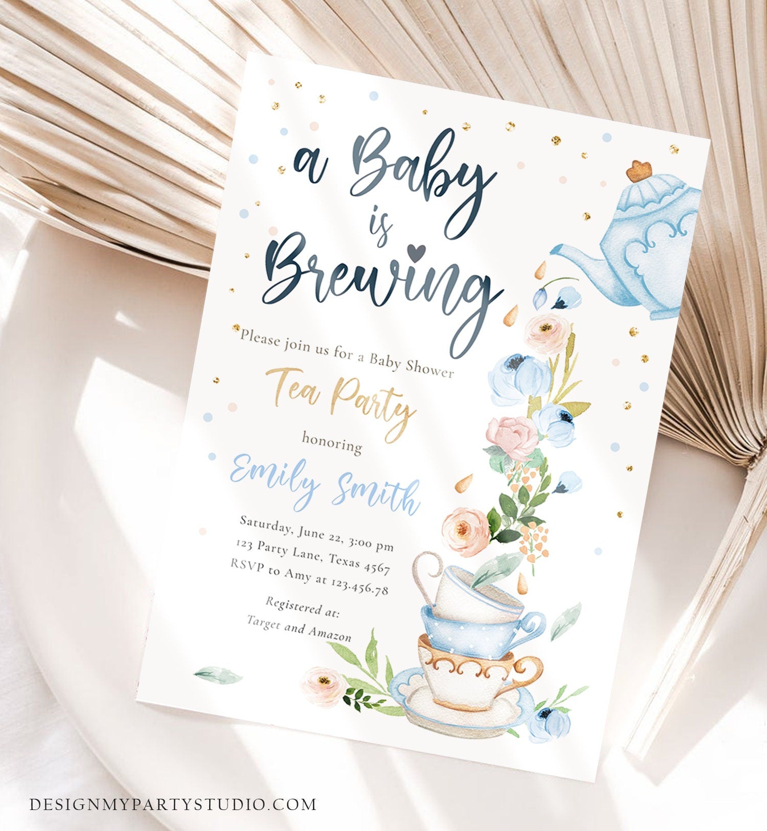 Editable Tea Party Baby Shower Invitation Tea Shower Sprinkle Floral Blue Boy Gold Brunch Bubbly Download Corjl Template Printable 0349