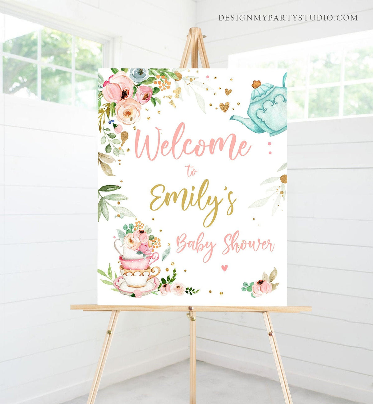 Editable Tea Baby Shower Welcome Sign Baby is Brewing Floral Pink Gold Whimsical Girl Shower Garden Party Template PRINTABLE Corjl 0349