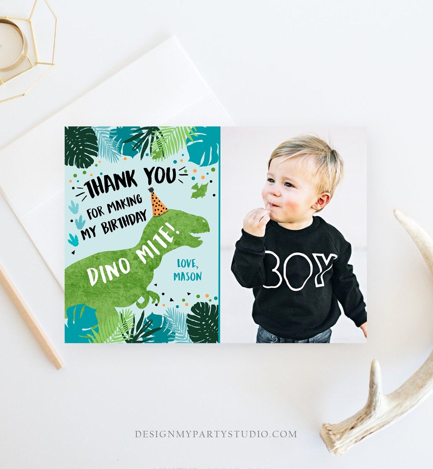 Editable Dinosaur Thank You Card Birthday Boy Black Green Gold Dino Party T-Rex Photo Download Printable Corjl Template Digital 0389