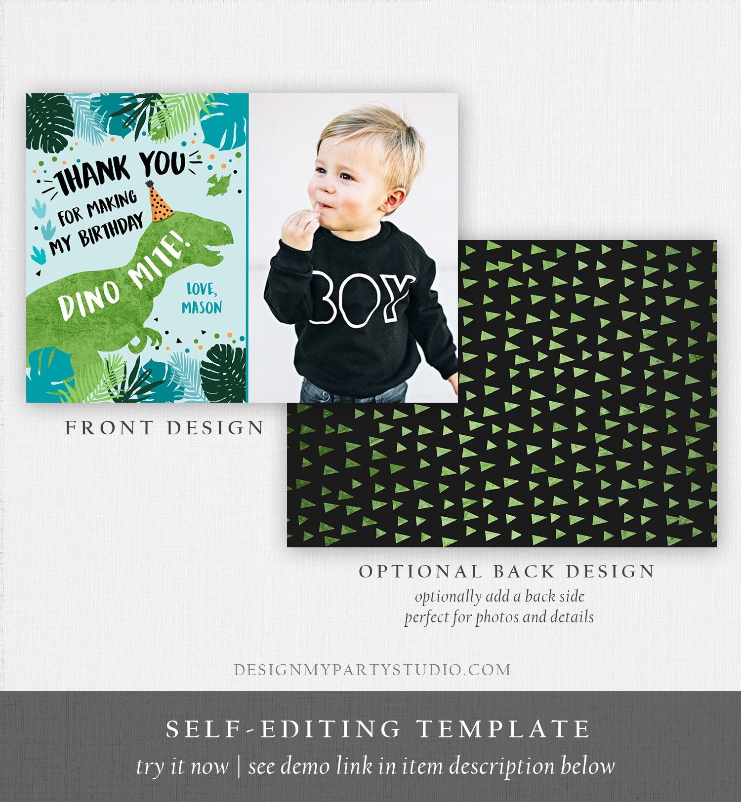 Editable Dinosaur Thank You Card Birthday Boy Black Green Gold Dino Party T-Rex Photo Download Printable Corjl Template Digital 0389