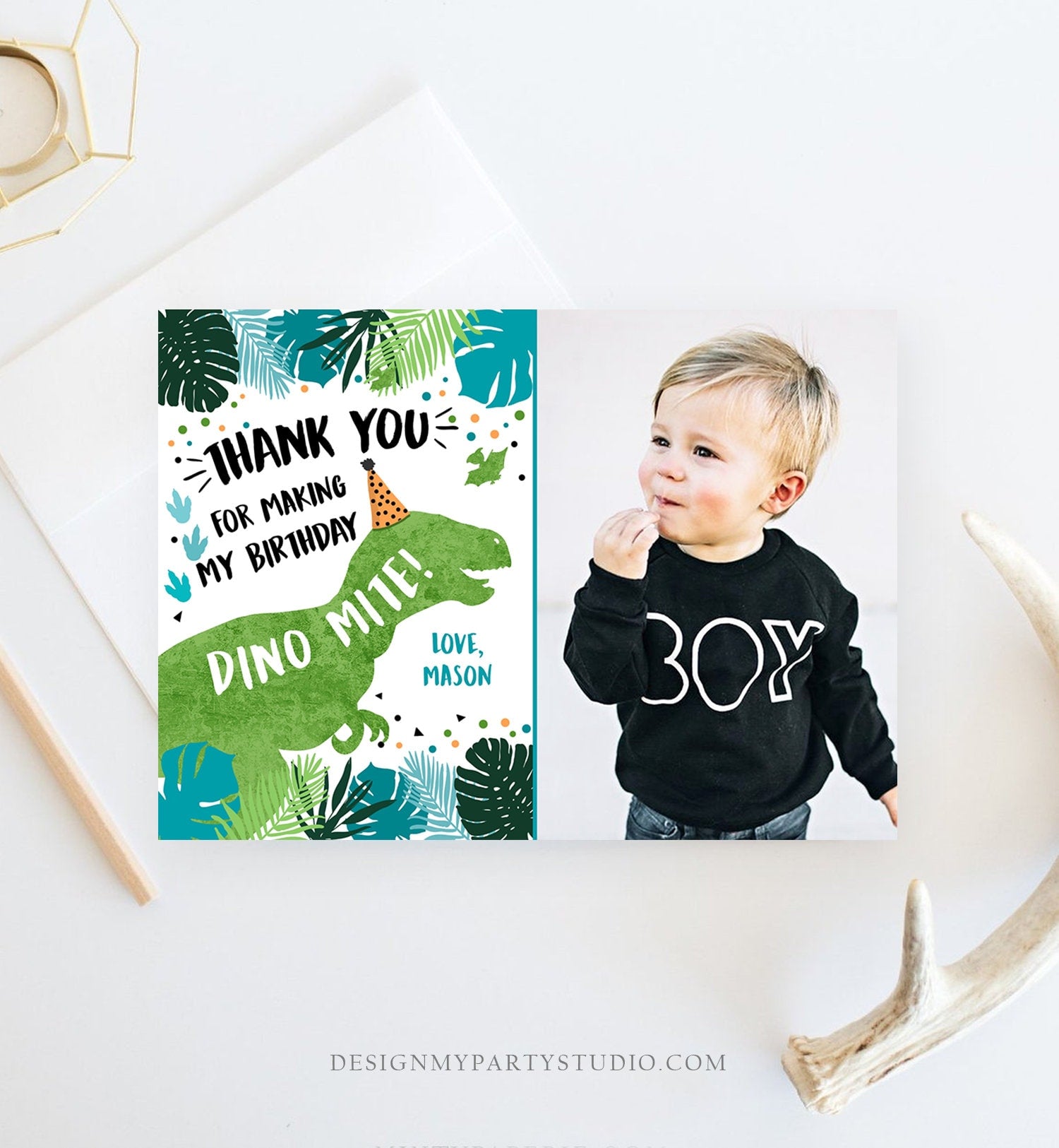 Editable Dinosaur Thank You Card Birthday Boy Black Green Gold Dino Party T-Rex Photo Download Printable Corjl Template Digital 0389