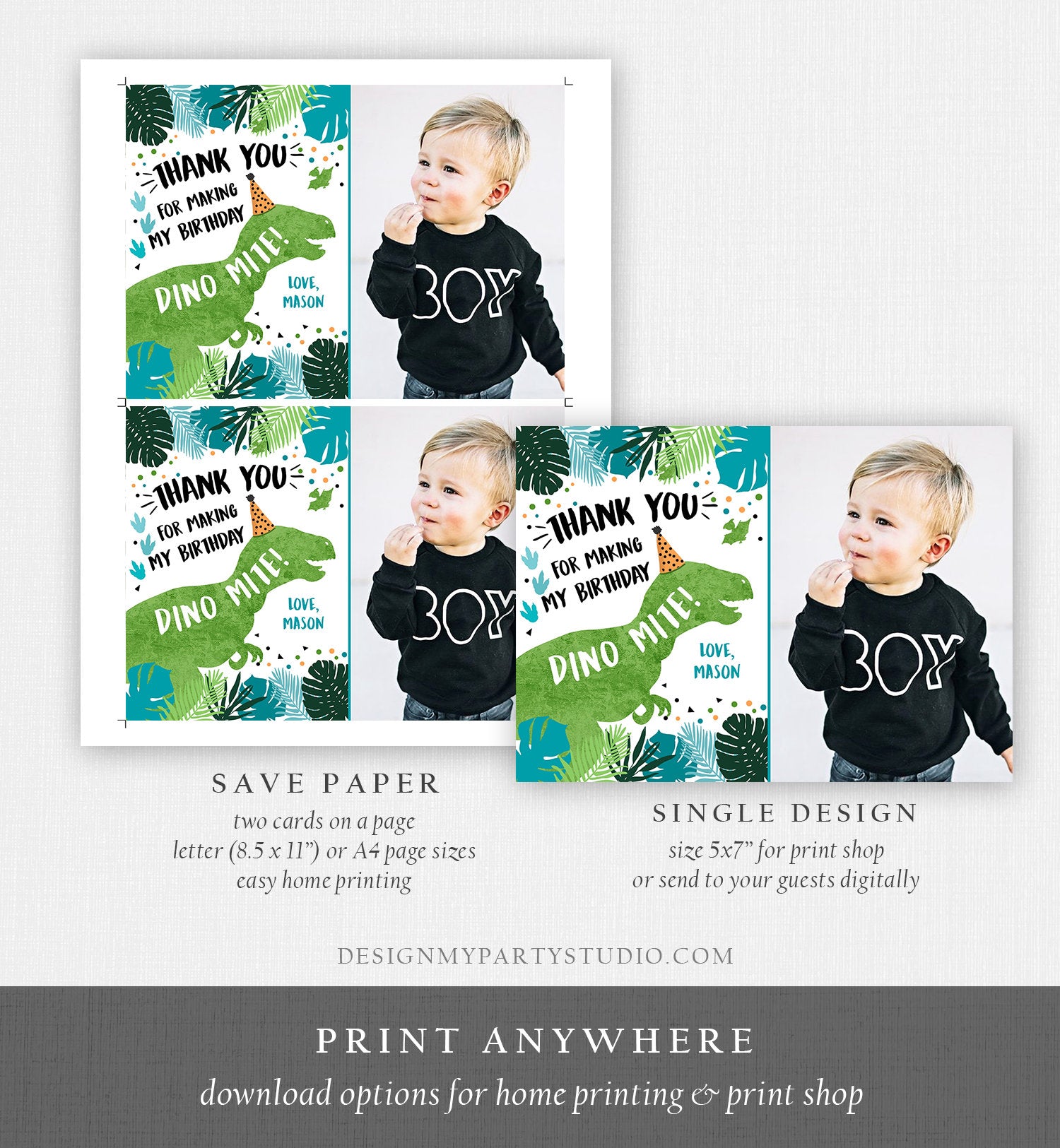 Editable Dinosaur Thank You Card Birthday Boy Black Green Gold Dino Party T-Rex Photo Download Printable Corjl Template Digital 0389