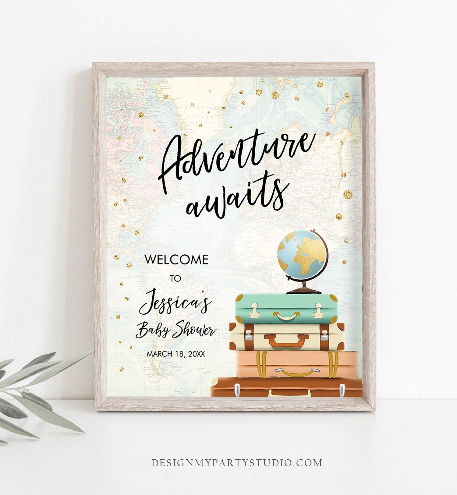 Editable Adventure Awaits Welcome Sign Baby Shower Traveling Around the World Travel Adventure Bridal Shower Floral Blue Corjl Template 0263