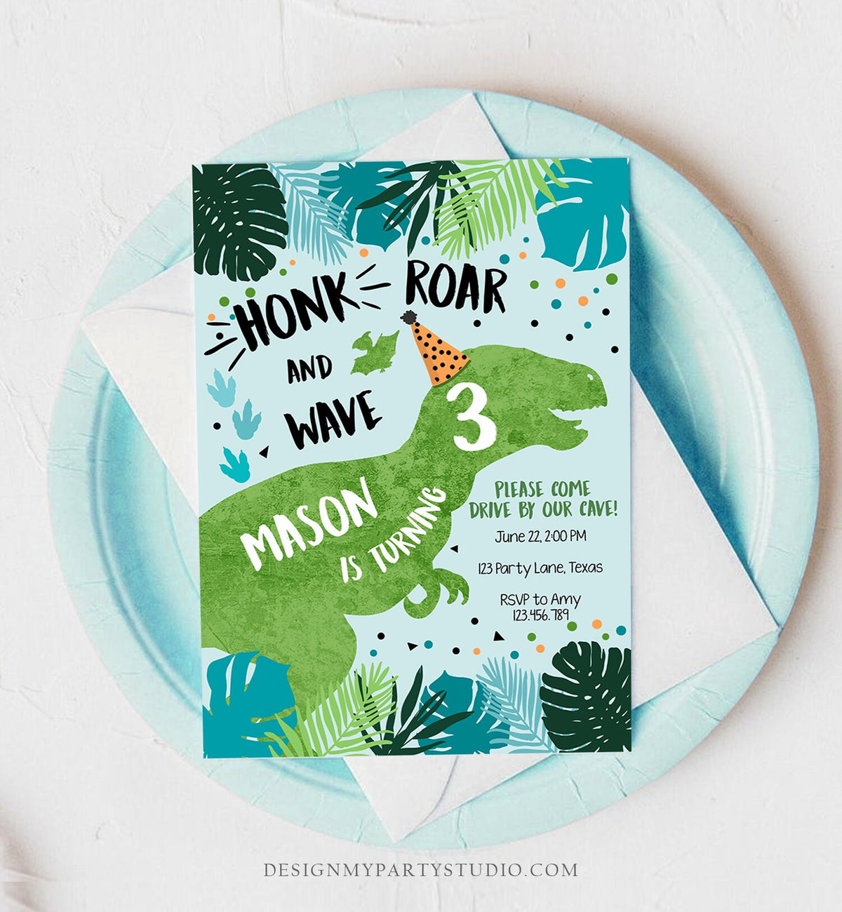 Editable Dinosaur Drive By Birthday Parade Invitation Virtual Party Invite Honk Car Boy Dino T-Rex Quarantine Download Digital Corjl 0389