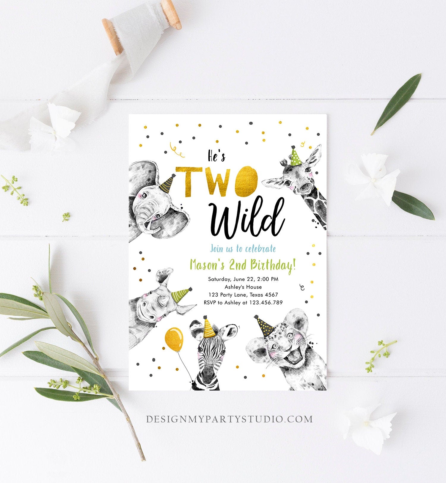 Editable Two Wild Birthday Invitation Safari Animals Party Animals Boy Green Gold Second Birthday 2nd Confetti Corjl Template Printable 0390