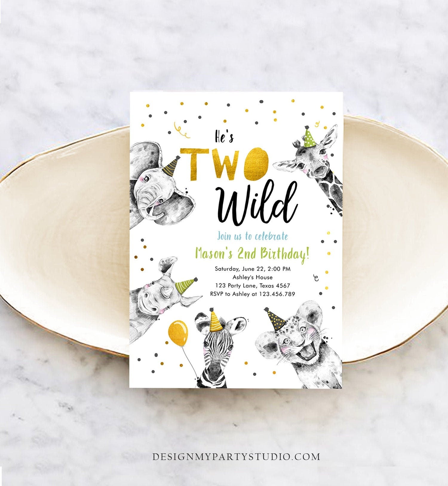 Editable Two Wild Birthday Invitation Safari Animals Party Animals Boy Green Gold Second Birthday 2nd Confetti Corjl Template Printable 0390